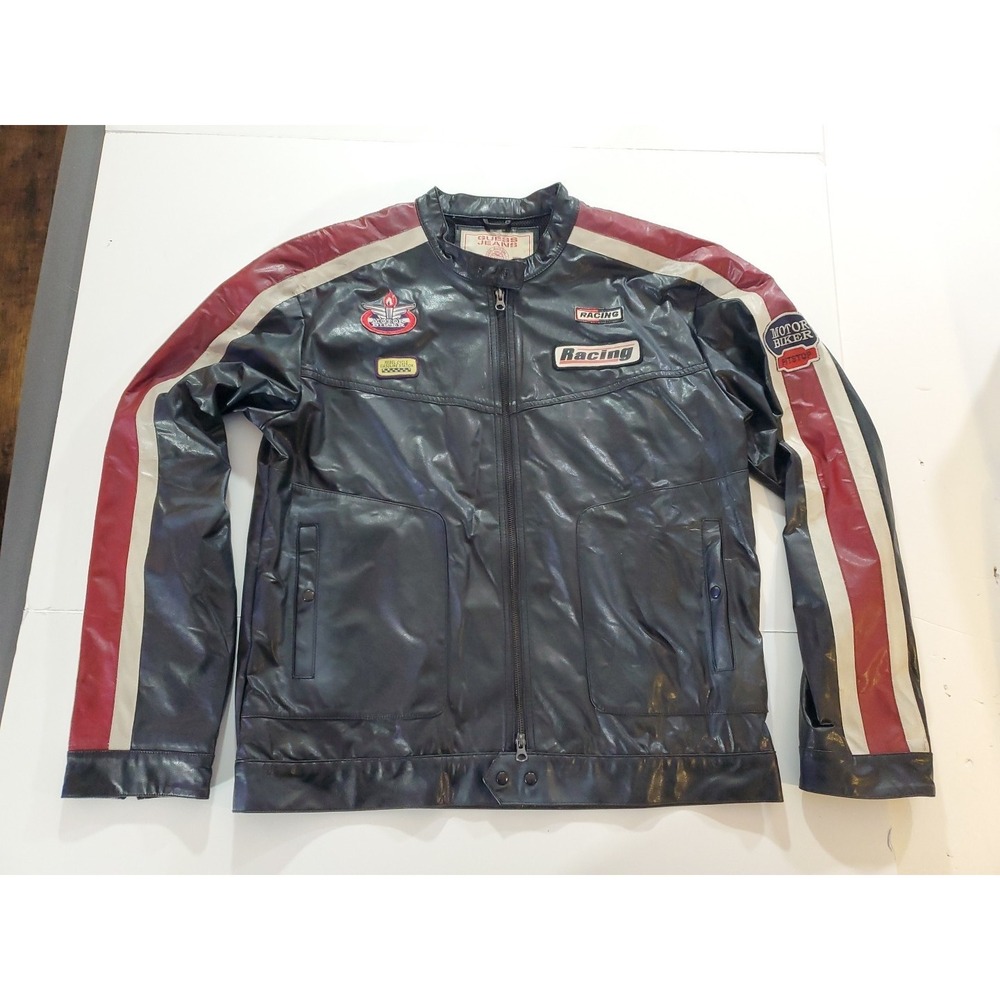 Vintage - Guess Jeans Brand Leather Racing Riding Jacket Men's Size XL